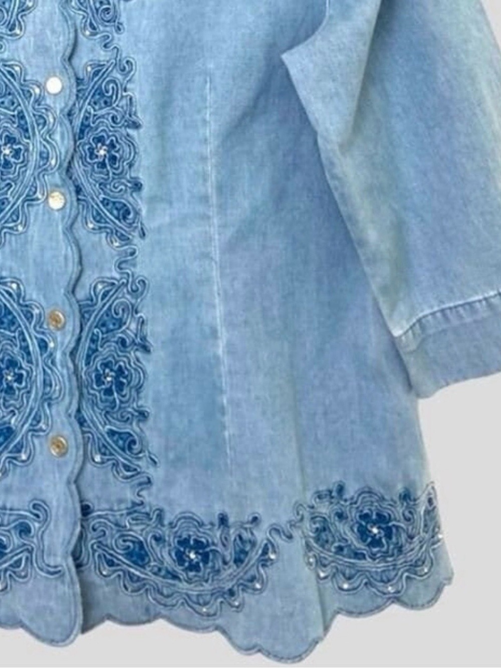 Lafei-Nier Western Denim Chambray Embroidered Top Women’s L Rhinestone Blouse - Picture 4 of 11